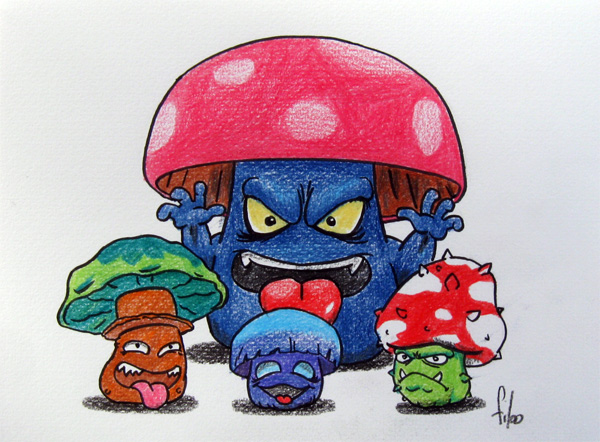 Champignons. Crayons de couleur.